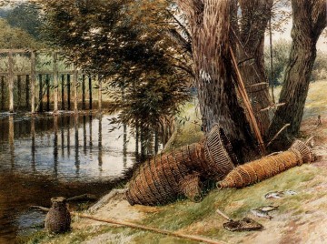  Myles Canvas - Eel Pots On The banks Of A River scenery Victorian Myles Birket Foster